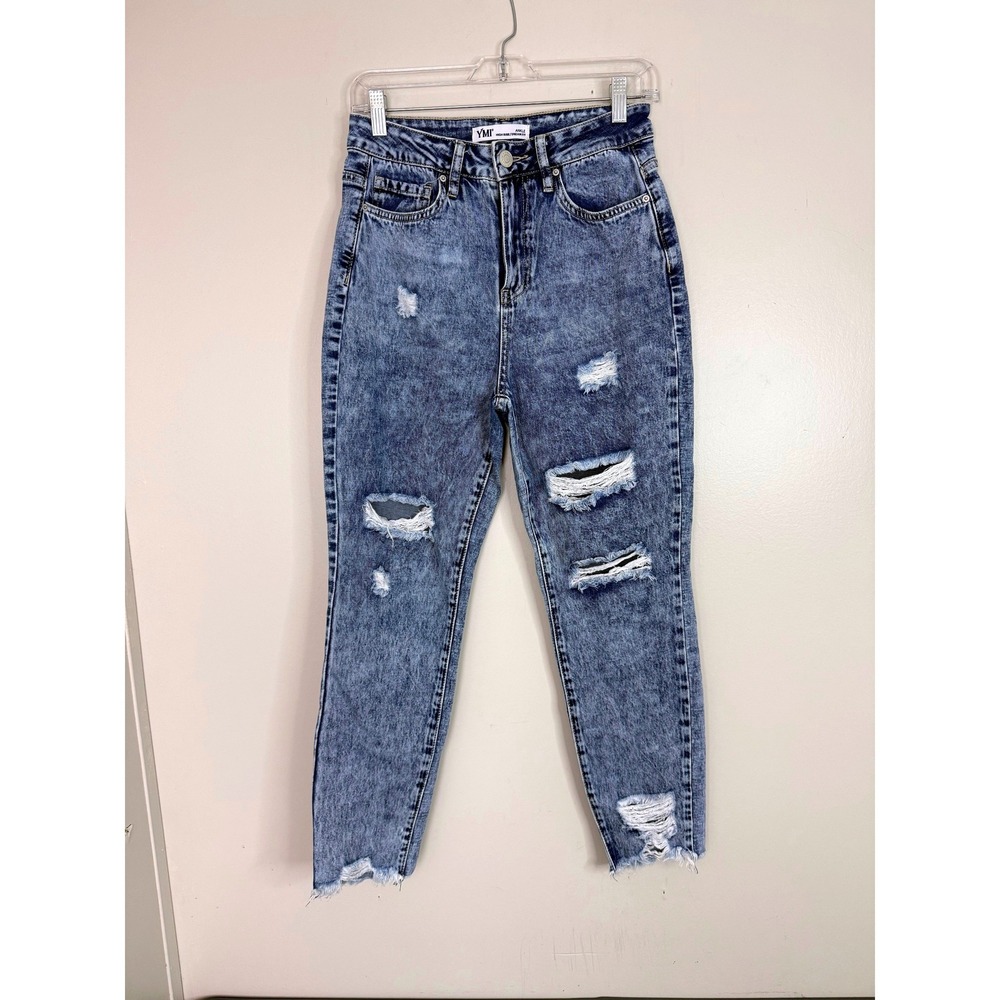 YMI Jeans Women 7/28 Dream Fit High Rise Ankle Acid Wash Distressed Ripped Blue